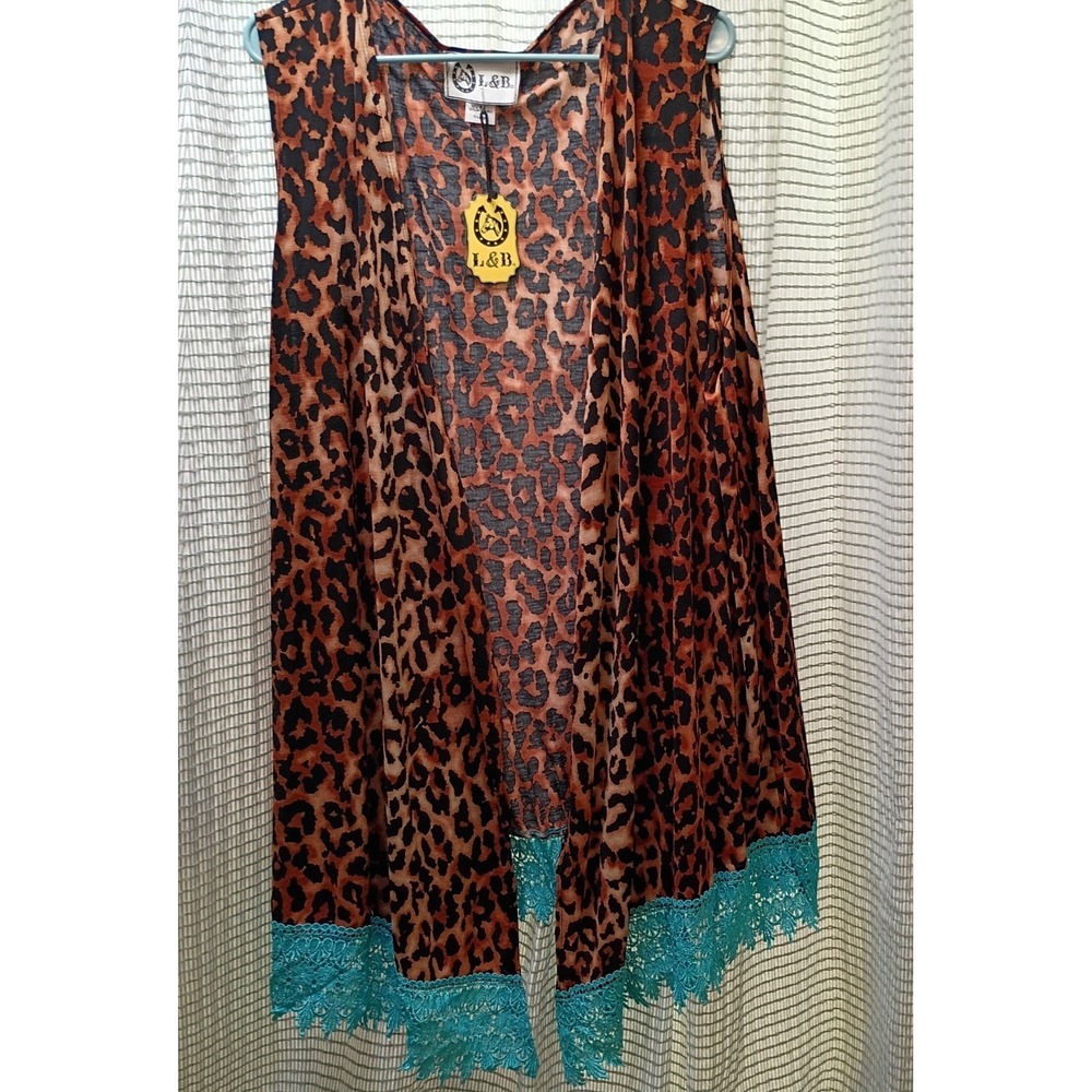 Women's NWT L&B Sleeveless Leopard Duster Kimono Teal‎ Floral Lace Size XL Rodeo